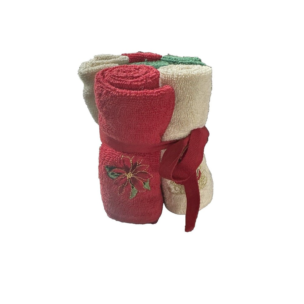 Vintage Bath Set of 6  Christmas Embroidery Multicolor Wash Cloths/Towels- New
